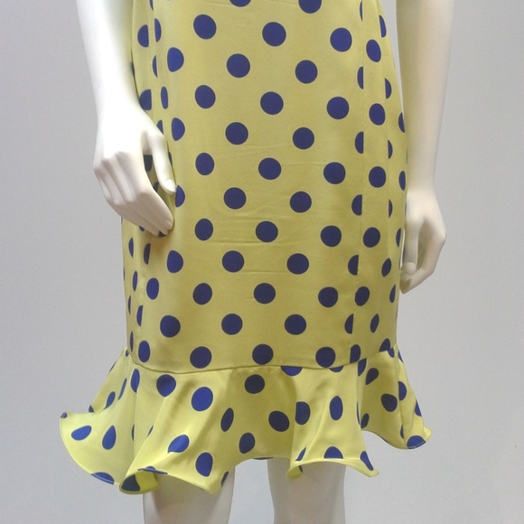 Vintage 80s 100% Silk Dress Chartreuse Blue Polka Dot Ruffle Hem Dress Size 8 - Picture 3 of 3